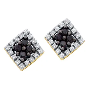 14K Yellow Gold Round Black Color Enhanced Diamond Square Cluster Earrings 1/4 Cttw