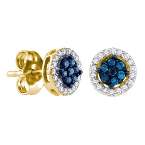 14k Yellow Gold Round Blue Color Enhanced Diamond Cluster Stud Screwback Earrings 1/4 Cttw