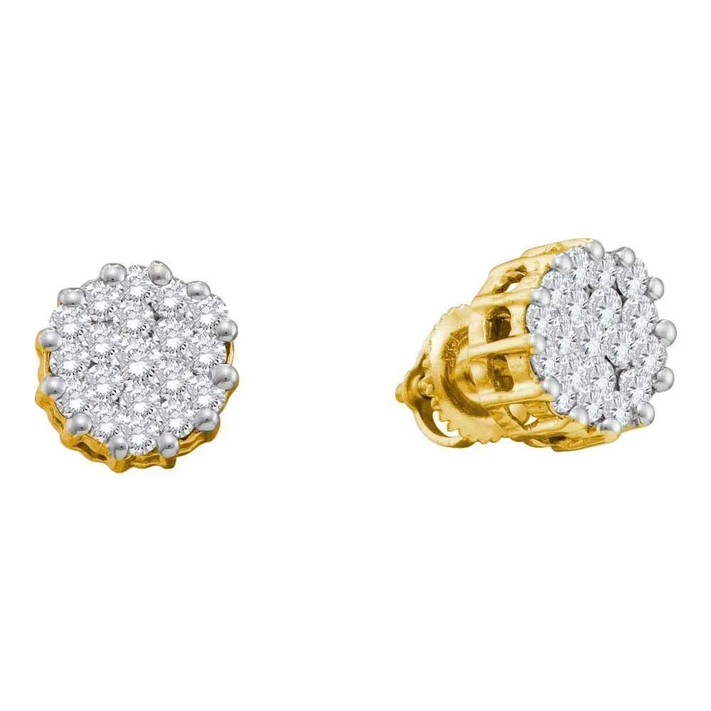 14K Yellow Gold Round Diamond Cluster Earrings 1.00 Cttw