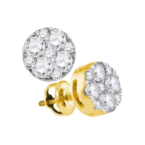 14K Yellow Gold Round Diamond Flower Cluster Earrings 1.00 Cttw