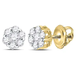 14K Yellow Gold Round Diamond Flower Cluster Earrings 3/4 Cttw