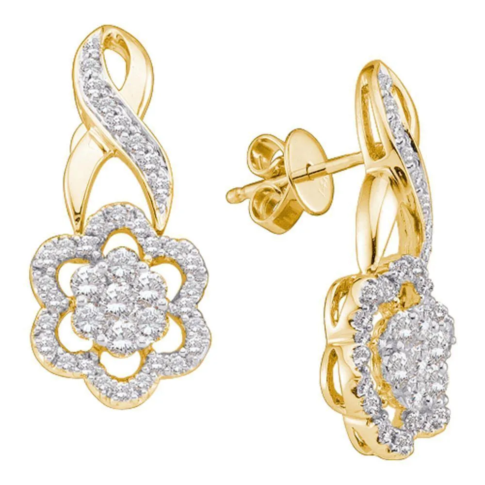 14K Yellow Gold Round Diamond Flower Cluster Screwback Earrings 1.00 Cttw