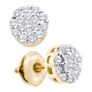 14K Yellow Gold Round Diamond Flower Cluster Screwback Earrings 1/2 Cttw