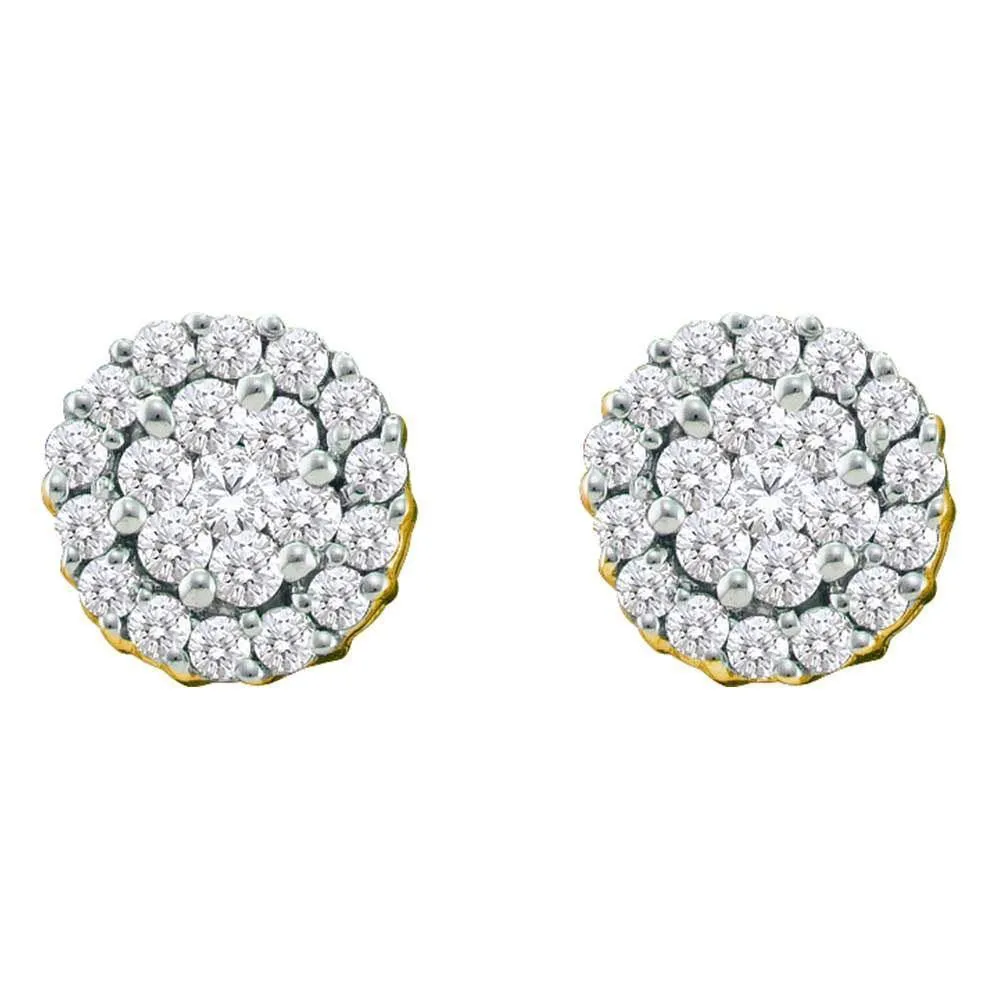14K Yellow Gold Round Diamond Flower Cluster Screwback Earrings 3/4 Cttw
