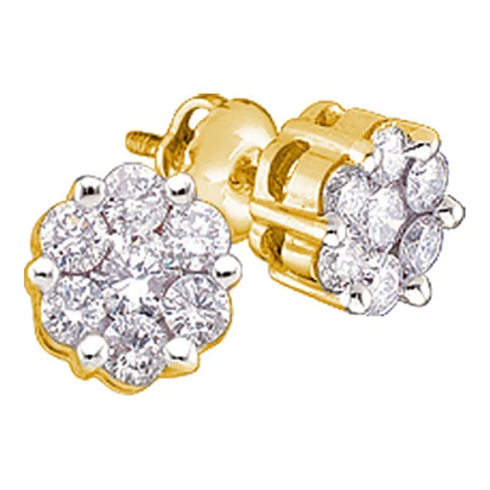 14k Yellow Gold Round Diamond Flower Cluster Screwback Stud Earrings 1/6 Cttw