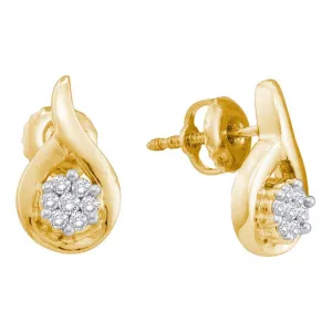 14K Yellow Gold Round Diamond Flower Cluster Teardrop Earrings 1/6 Cttw