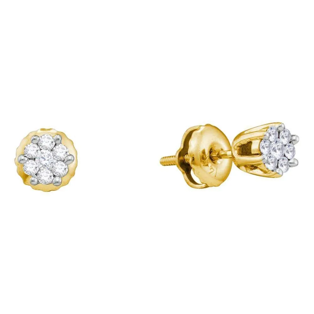 14K Yellow Gold Round Diamond Small Flower Cluster Screwback Earrings 1/6 Cttw