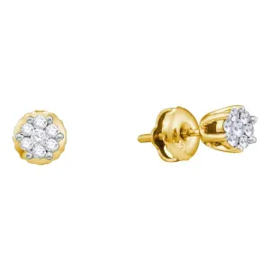 14K Yellow Gold Round Diamond Small Flower Cluster Screwback Earrings 1/6 Cttw