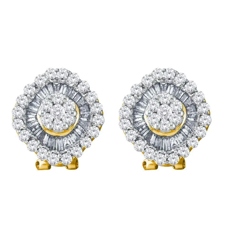 14K Yellow Gold Round Diamond Square Cluster French-clip Earrings 1-1/2 Cttw
