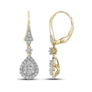 14K Yellow Gold Round Diamond Teardrop Cluster Dangle Earrings 7/8 Cttw