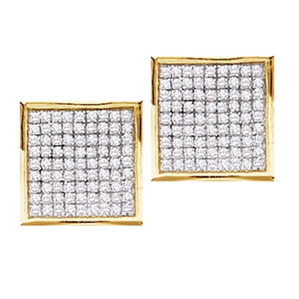 14K Yellow Gold Round Pave-set Diamond Square Cluster Earrings 7/8 Cttw