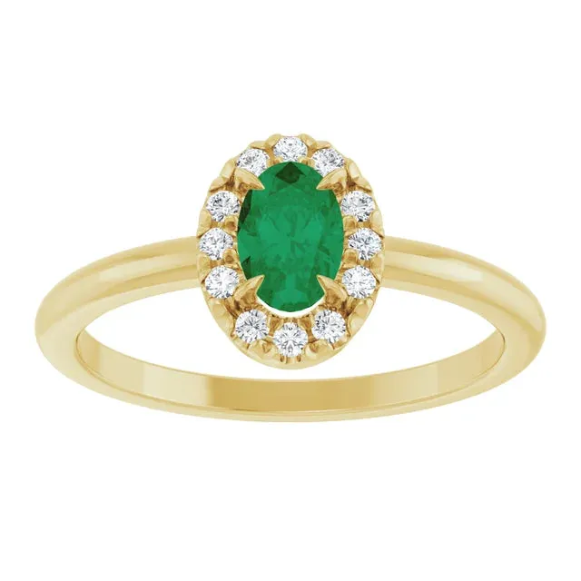 14K Yellow Lab-Grown Emerald & 1/10 CTW Natural Diamond French-Set Halo-Style Ring