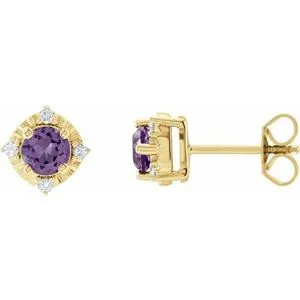 14K Yellow Natural Amethyst & .08 CTW Natural Diamond Halo-Style Earrings