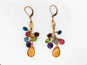 14K-YG MULTI-COLOR GEMSTONE DANGLING EARRINGS
