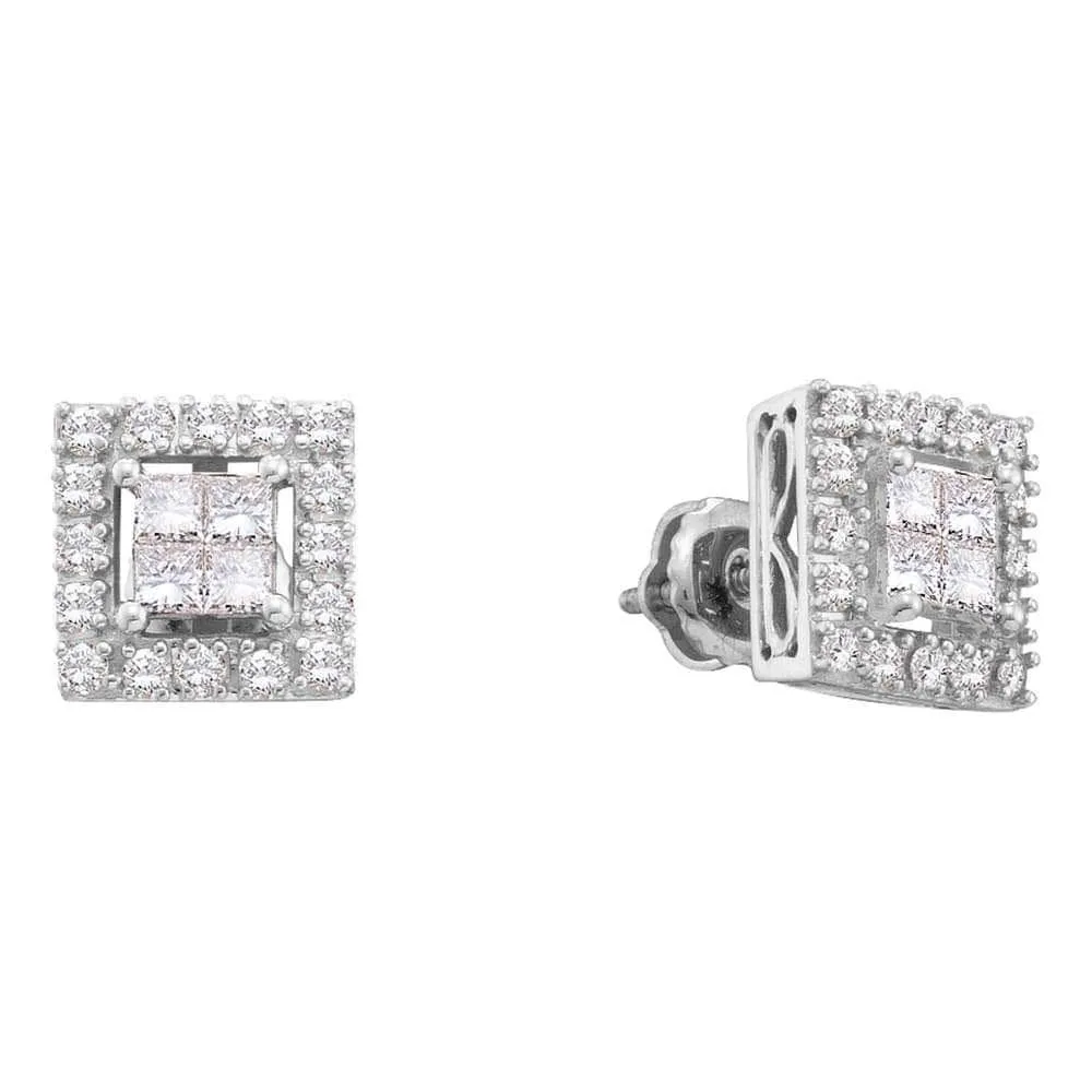 14kt White Gold Womens Princess Diamond Framed Square Cluster Screwback Earrings 3/4 Cttw