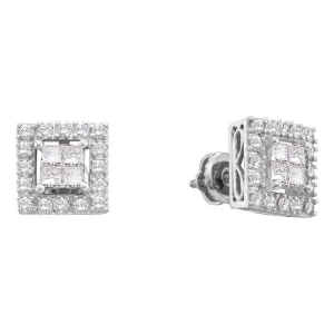 14kt White Gold Womens Princess Diamond Framed Square Cluster Screwback Earrings 3/4 Cttw