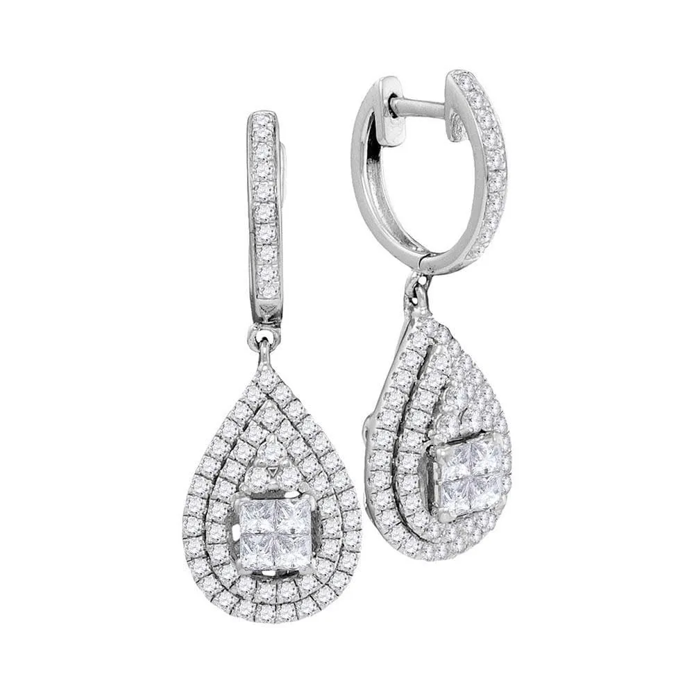 14kt White Gold Womens Princess Round Diamond Teardrop Frame Cluster Earrings 1.00 Cttw