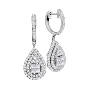 14kt White Gold Womens Princess Round Diamond Teardrop Frame Cluster Earrings 1.00 Cttw