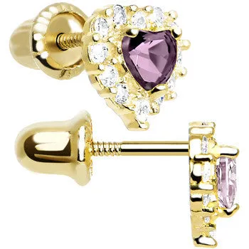 14kt Yellow Gold Heart CZ June Birthstone Youth Screwback Earrings