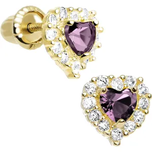 14kt Yellow Gold Heart CZ June Birthstone Youth Screwback Earrings