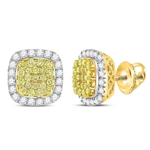 14kt Yellow Gold Womens Round Canary Yellow Diamond Square Frame Cluster Earrings 2.00 Cttw