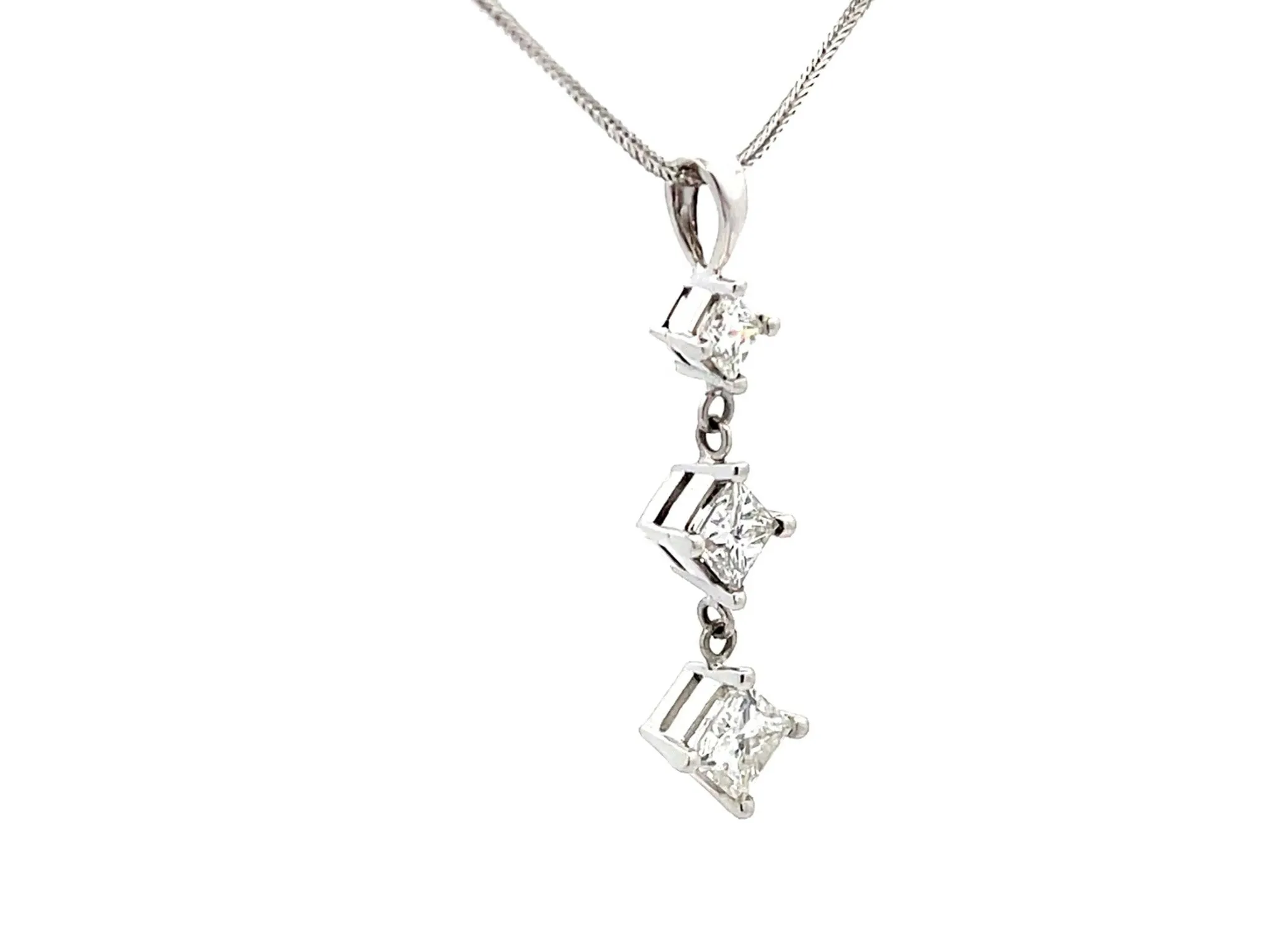 1.5 Carat Three Princess Cut Diamond Drop Necklace in 14k White Gold