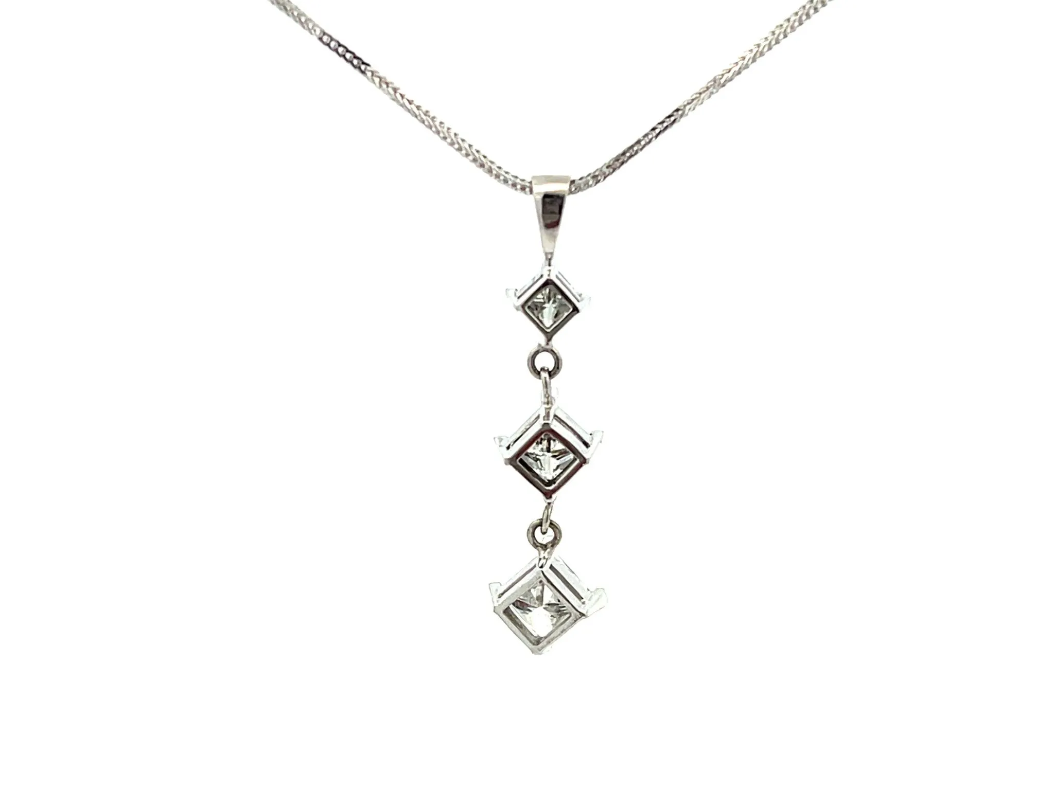 1.5 Carat Three Princess Cut Diamond Drop Necklace in 14k White Gold