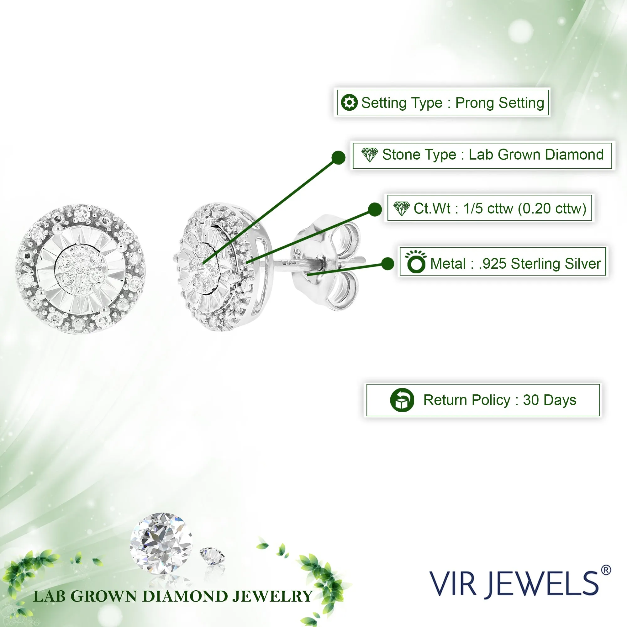 1/5 cttw Composite Diamond Studs Earrings in .925 Sterling Silver