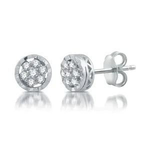 1/5 CTW Natural Diamond Cluster Halo Stud Earrings in Rhodium Plated Sterling Silver