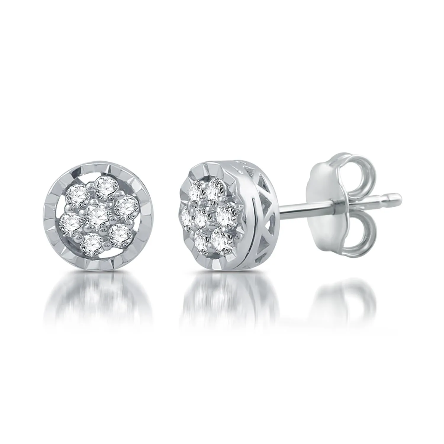 1/5 CTW Natural Diamond Cluster Halo Stud Earrings in Rhodium Plated Sterling Silver