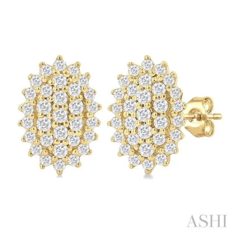 1/5 ctw Petite Oval Shape Round Cut Diamond Cluster Fashion Stud Earring in 10K Yellow Gold