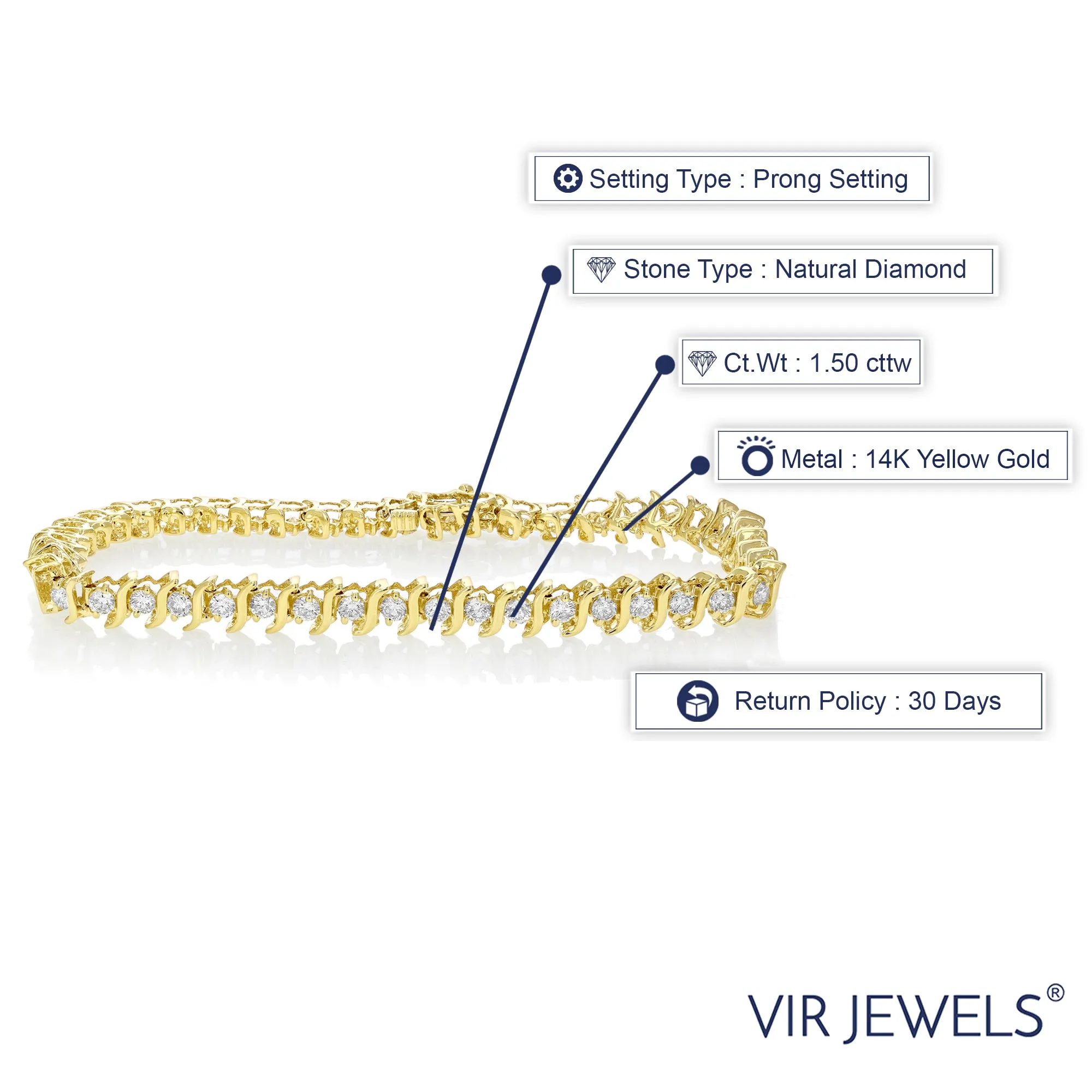 1.50 cttw S Link Diamond Tennis Bracelets in 14K Yellow Gold
