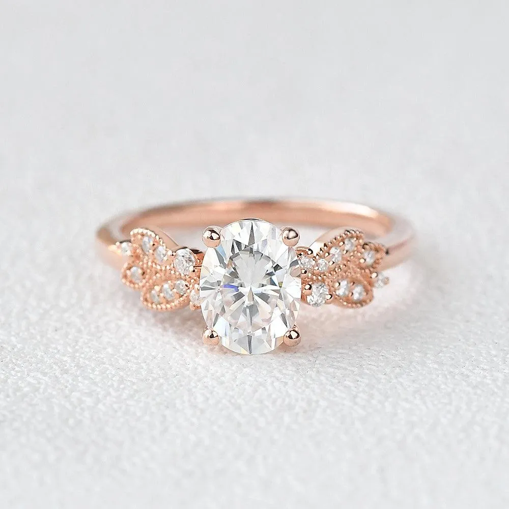 1.5ct Oval Moissanite Butterfly Cluster Ring