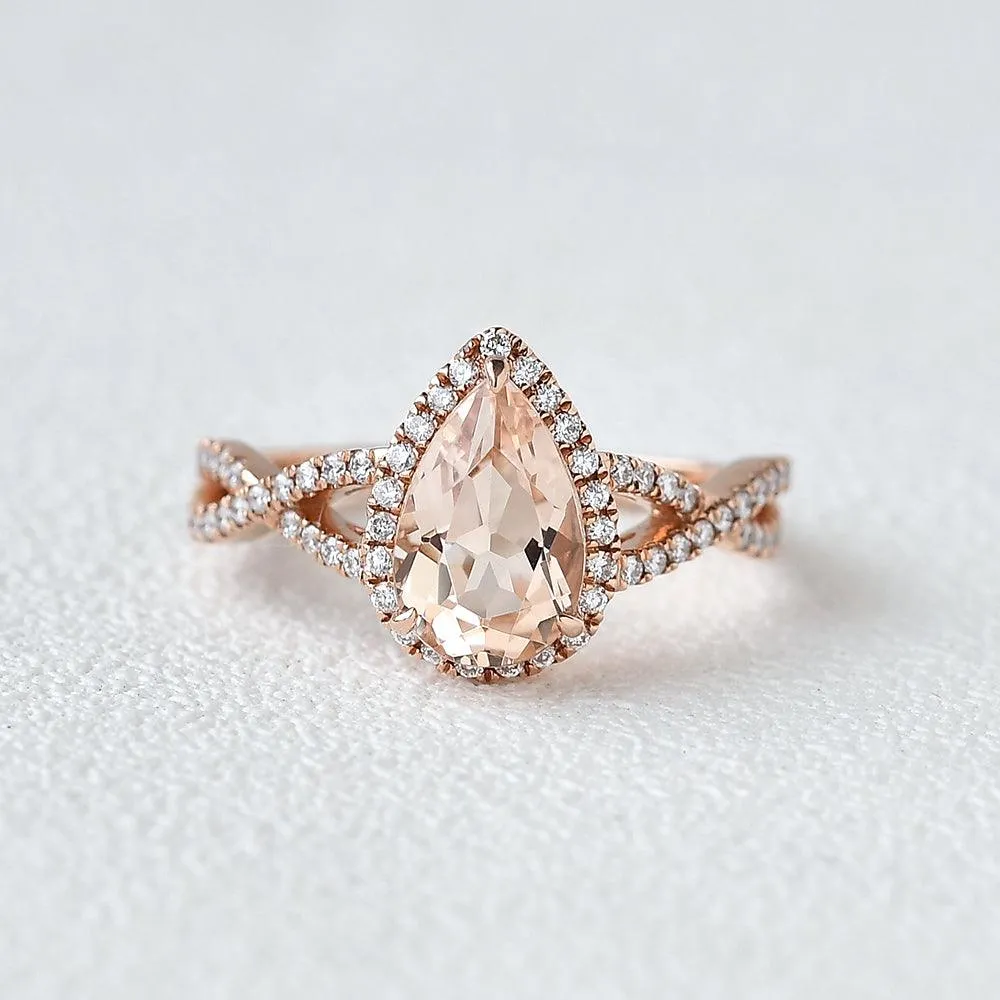 1.5ct Pear Shaped Morganite Infinity Vintage Halo Ring