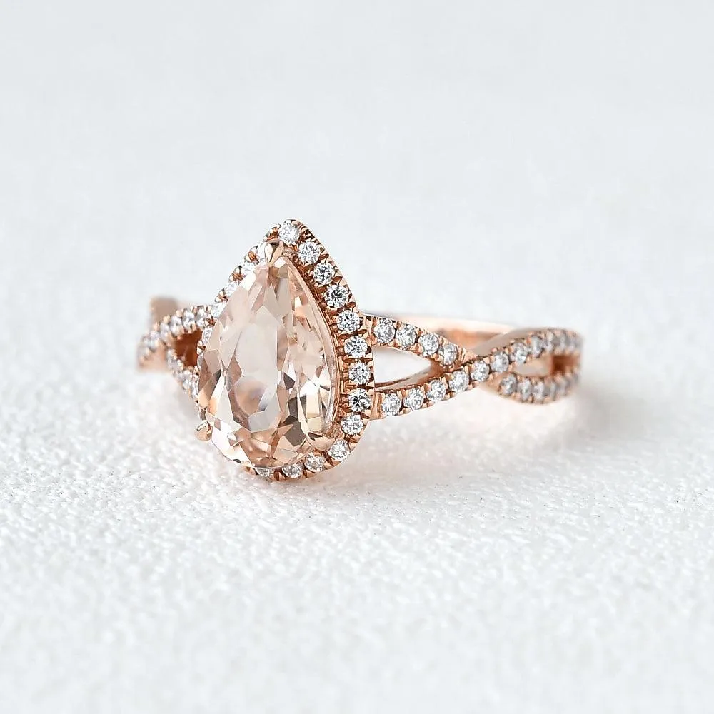 1.5ct Pear Shaped Morganite Infinity Vintage Halo Ring
