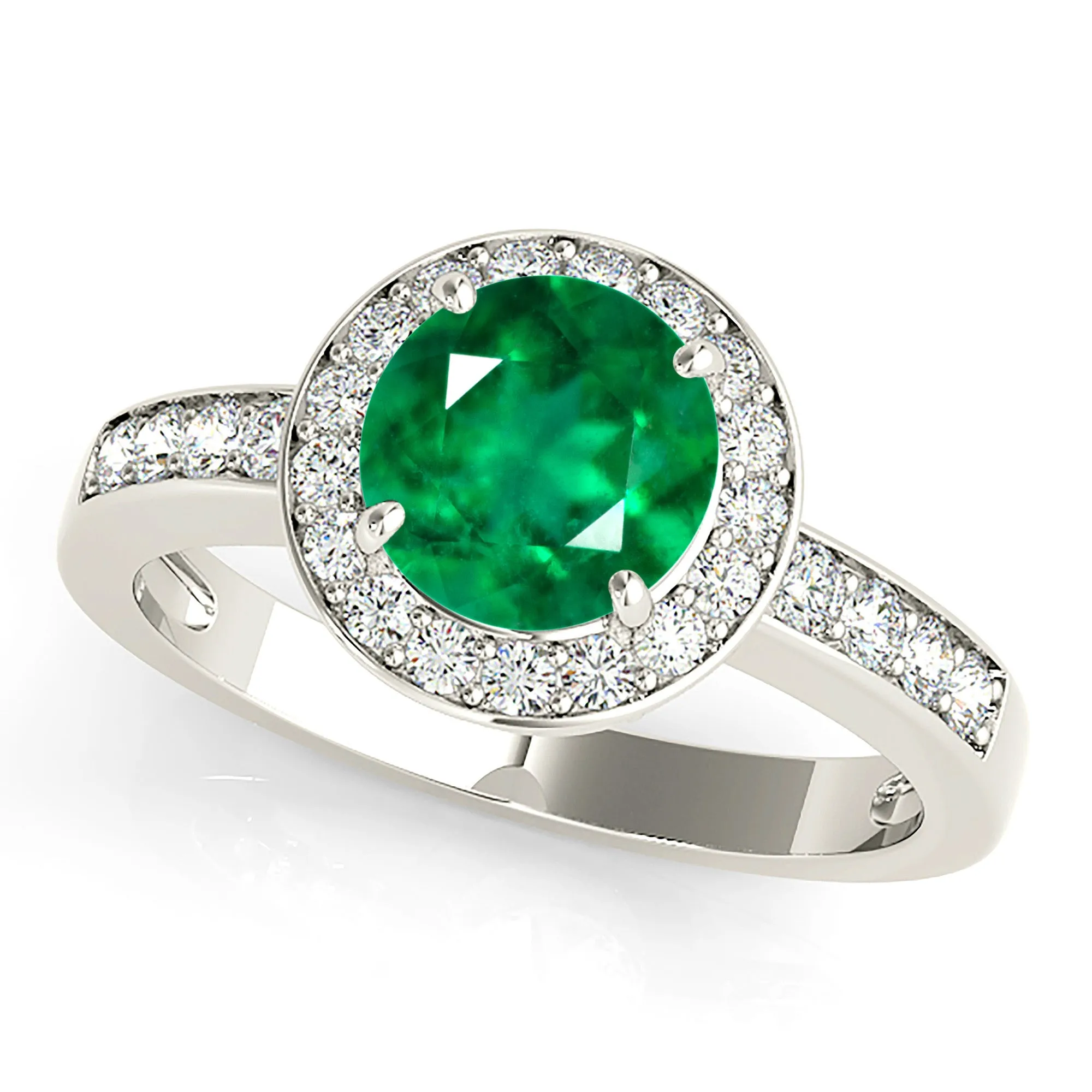 1.75 ct. Genuine Emerald Ring With Halo and Band,Accent Diamond Bridge
