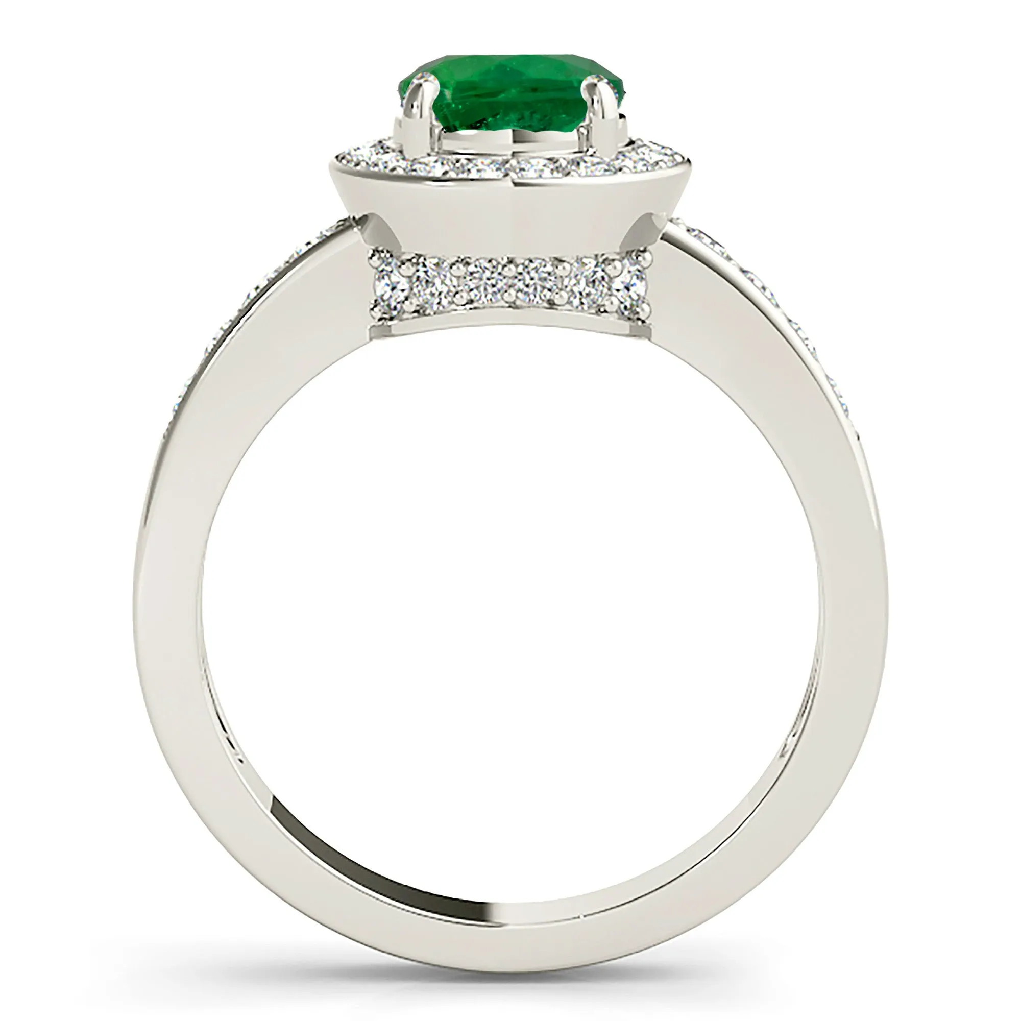 1.75 ct. Genuine Emerald Ring With Halo and Band,Accent Diamond Bridge
