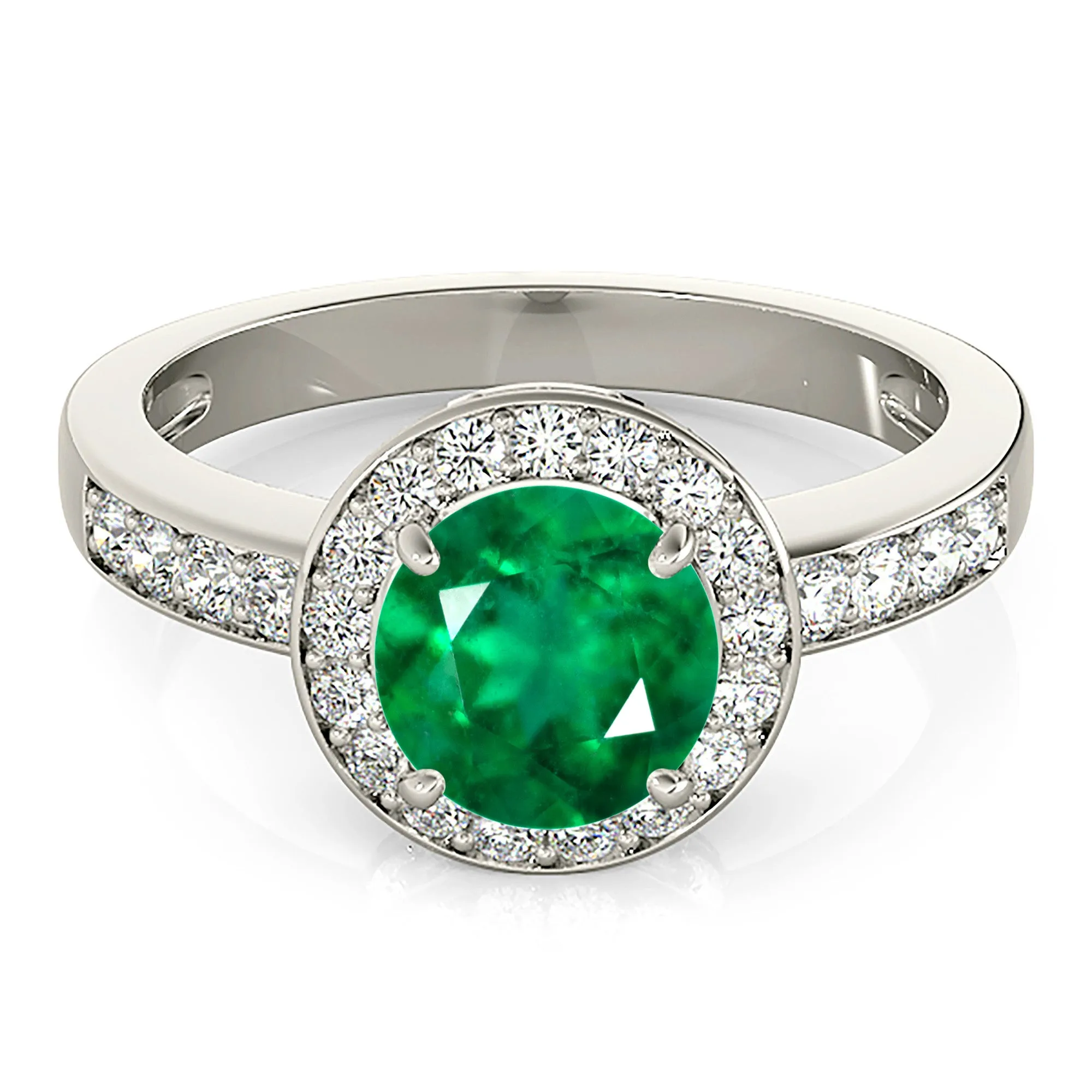 1.75 ct. Genuine Emerald Ring With Halo and Band,Accent Diamond Bridge