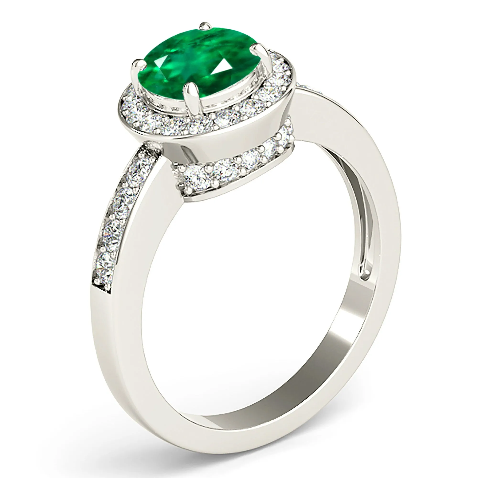 1.75 ct. Genuine Emerald Ring With Halo and Band,Accent Diamond Bridge