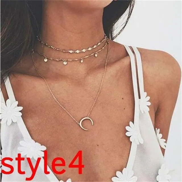 17KM Multilayer Crystal Moon Necklaces & Pendants For Women Vintage Charm Gold Choker Necklace 2020 Bohemian Jewelry Wholesale