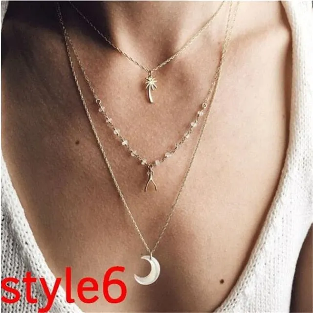 17KM Multilayer Crystal Moon Necklaces & Pendants For Women Vintage Charm Gold Choker Necklace 2020 Bohemian Jewelry Wholesale