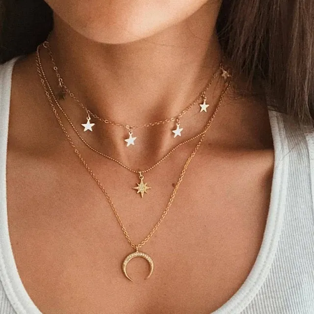 17KM Multilayer Crystal Moon Necklaces & Pendants For Women Vintage Charm Gold Choker Necklace 2020 Bohemian Jewelry Wholesale