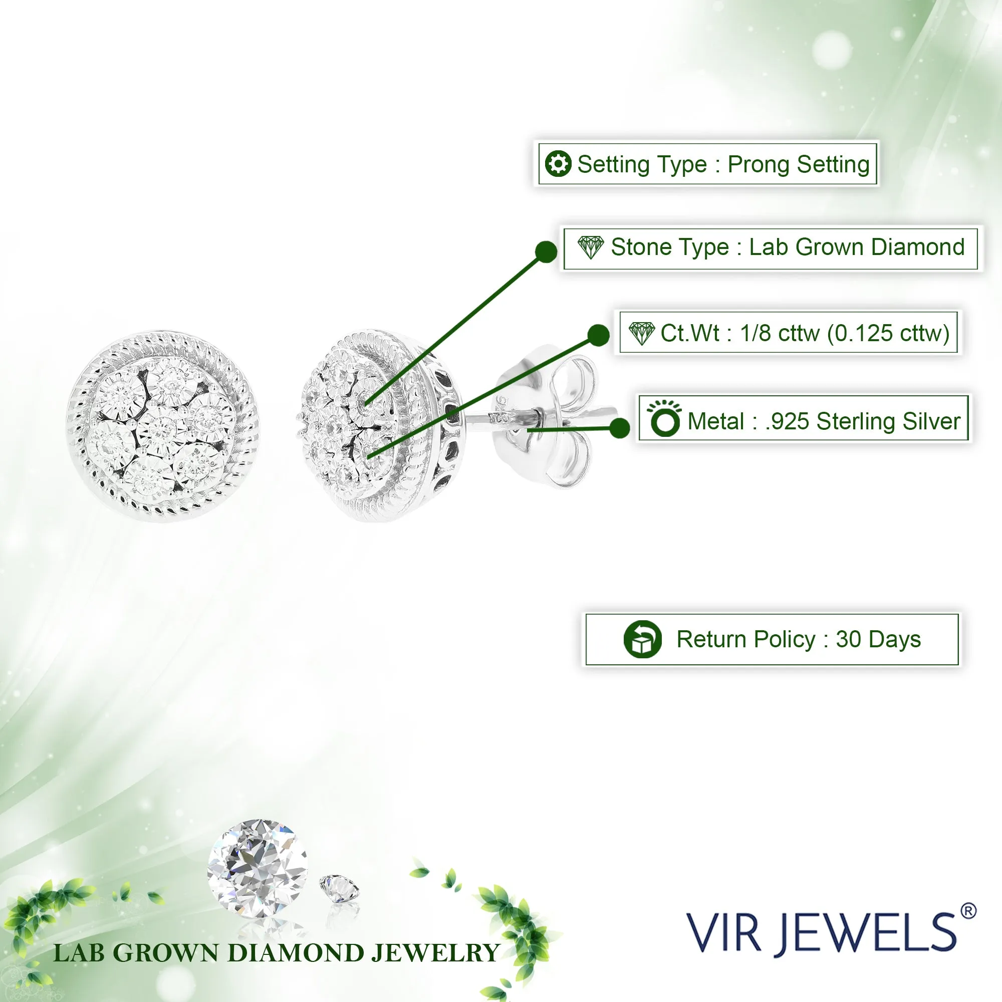 1/8 cttw Composite Diamond Floral Stud Earrings in Sterling Silver