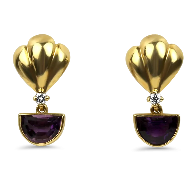 1870 Collection Estate 14K Yellow Gold Amethyst Half-Moon Drop Hoop Earrings