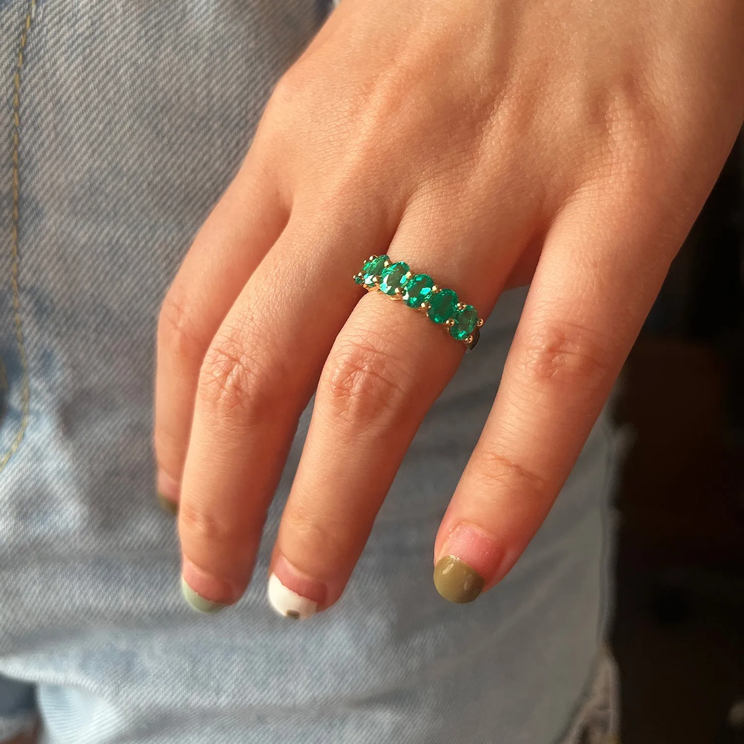 1.8ct Oval Cut Green Emerald Half Eternity Wedding Band Ring