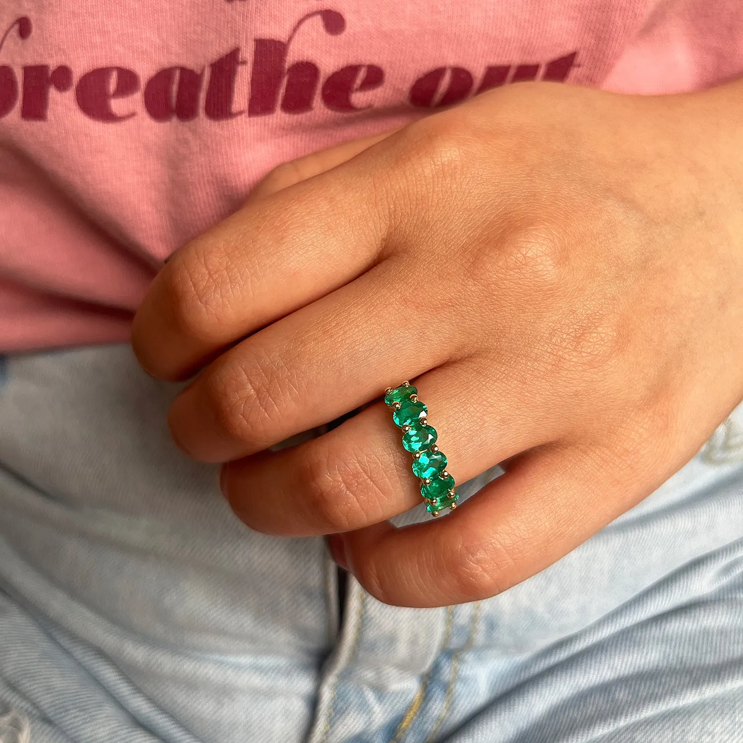 1.8ct Oval Cut Green Emerald Half Eternity Wedding Band Ring