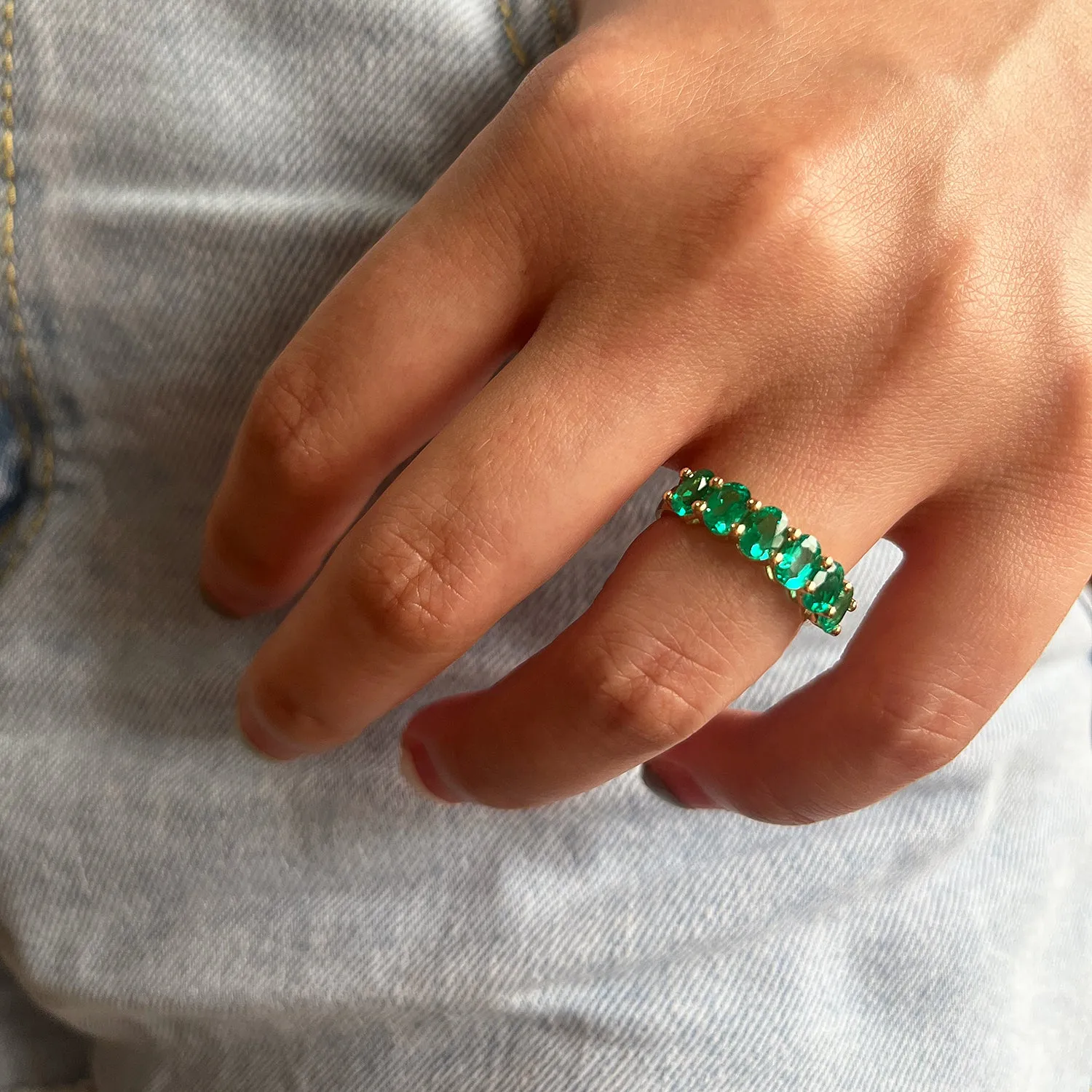 1.8ct Oval Cut Green Emerald Half Eternity Wedding Band Ring