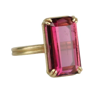 18K Gold Emerald Cut Rubilite Tourmaline Ring with Double Row Shank