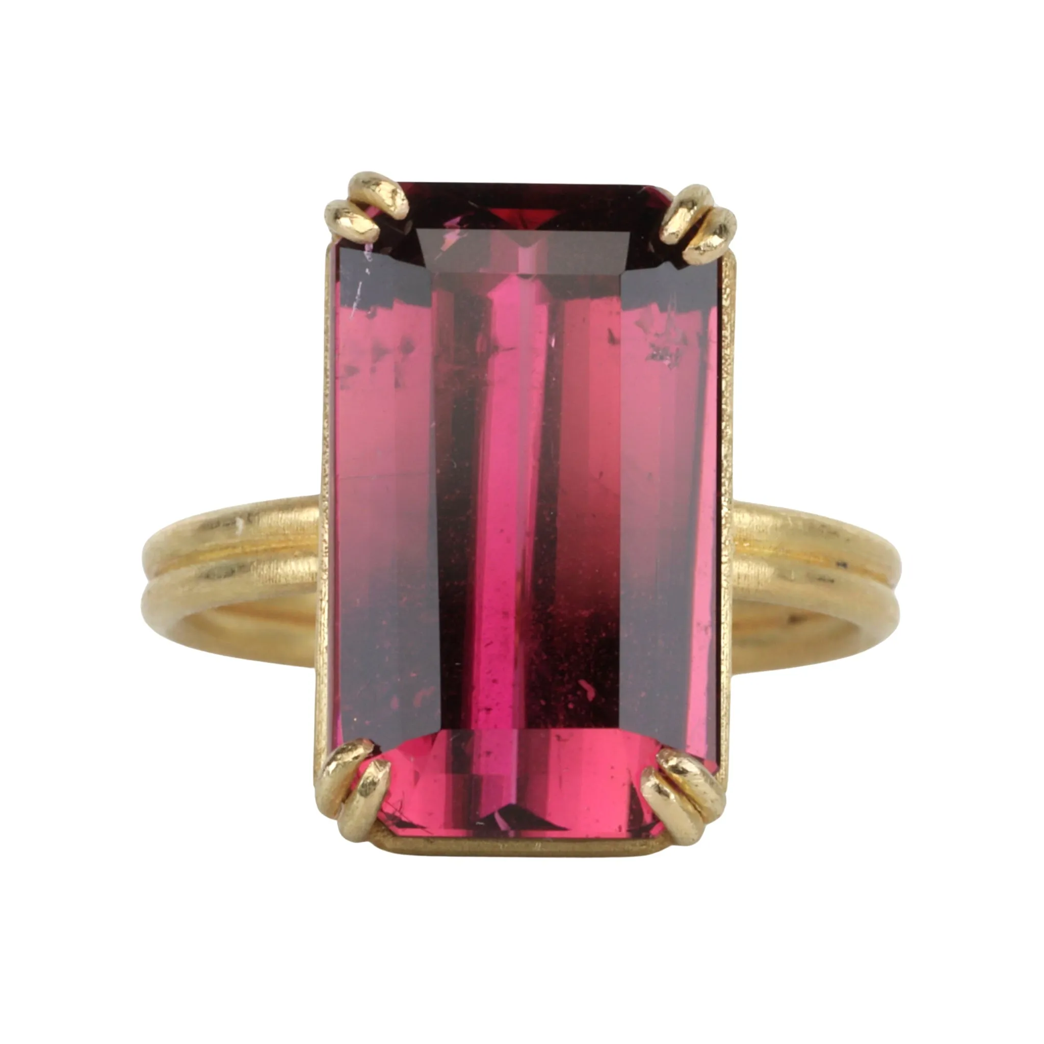 18K Gold Emerald Cut Rubilite Tourmaline Ring with Double Row Shank
