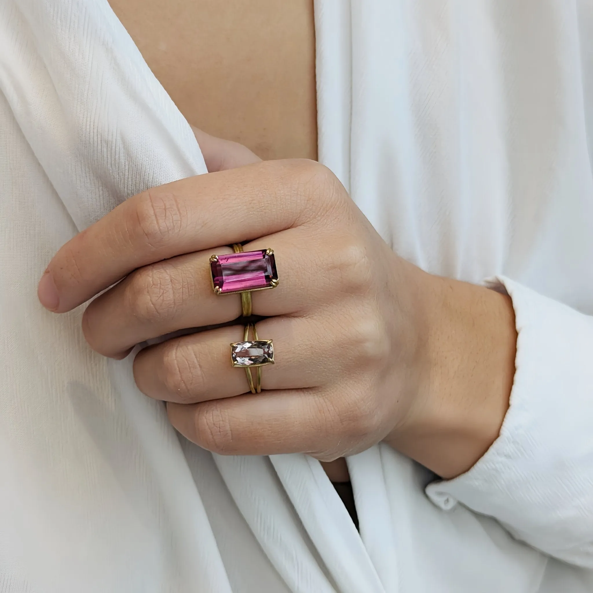 18K Gold Emerald Cut Rubilite Tourmaline Ring with Double Row Shank